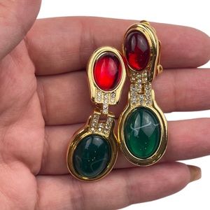 Yosca signed red green glass cabochon crystal clip dangle earrings